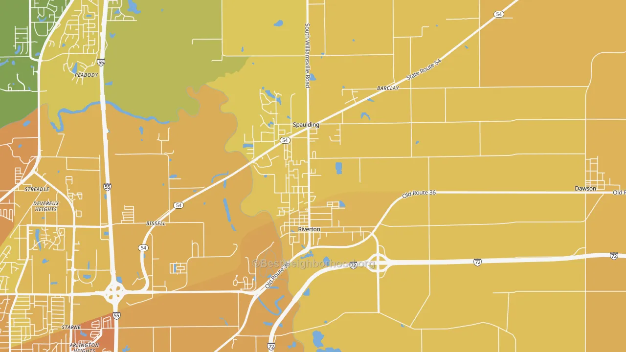 Map of the best neighborhoods in the 62561 area, with better matches in green and worse matches in red