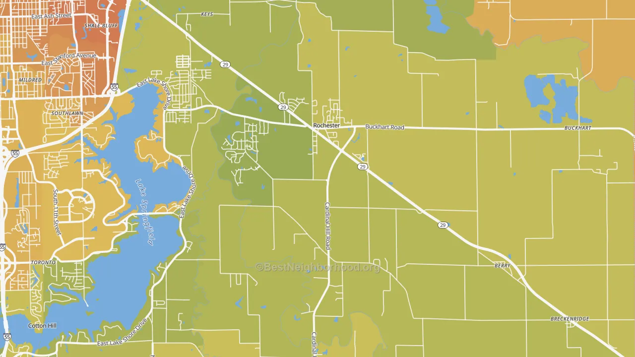 Map of the best neighborhoods in the 62563 area, with better matches in green and worse matches in red