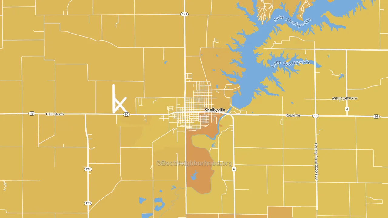 Map of the best neighborhoods in the 62565 area, with better matches in green and worse matches in red