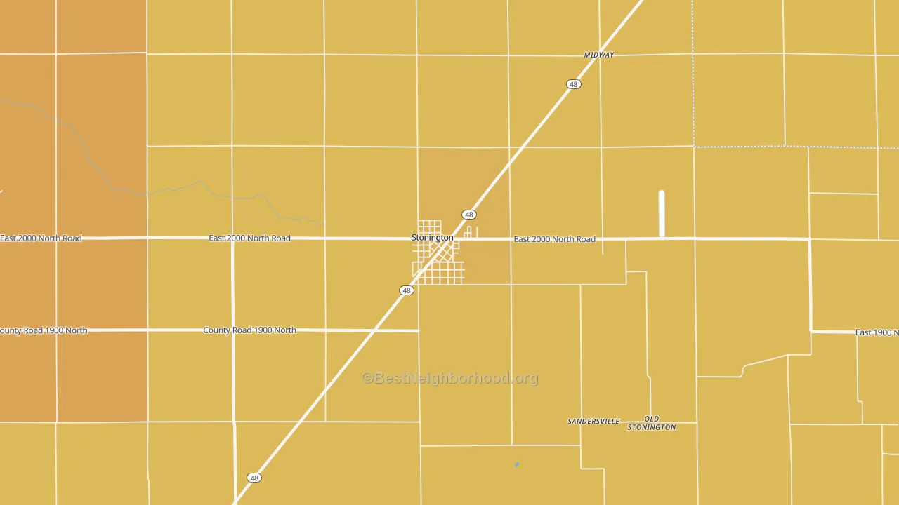 Map of the best neighborhoods in the 62567 area, with better matches in green and worse matches in red