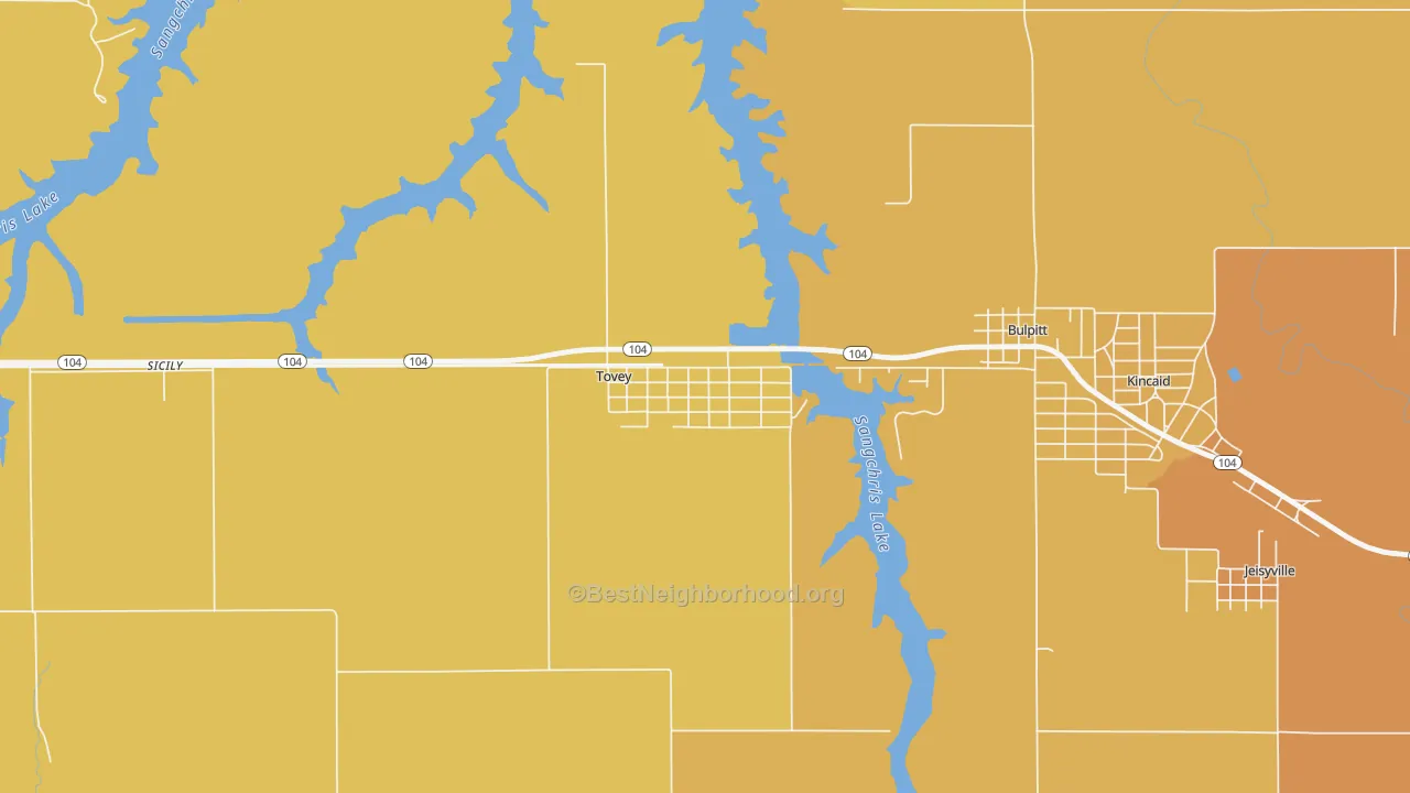 Map of the best neighborhoods in the 62570 area, with better matches in green and worse matches in red
