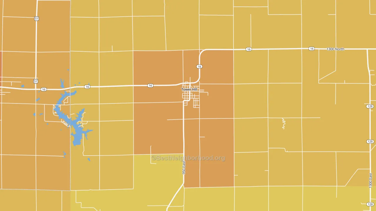 Map of the best neighborhoods in the 62571 area, with better matches in green and worse matches in red