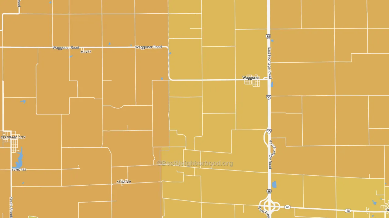Map of the best neighborhoods in the 62572 area, with better matches in green and worse matches in red