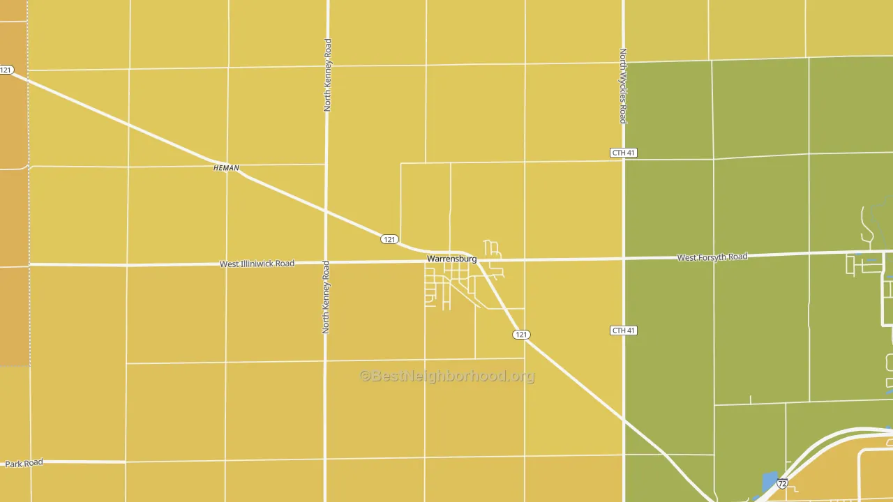Map of the best neighborhoods in the 62573 area, with better matches in green and worse matches in red