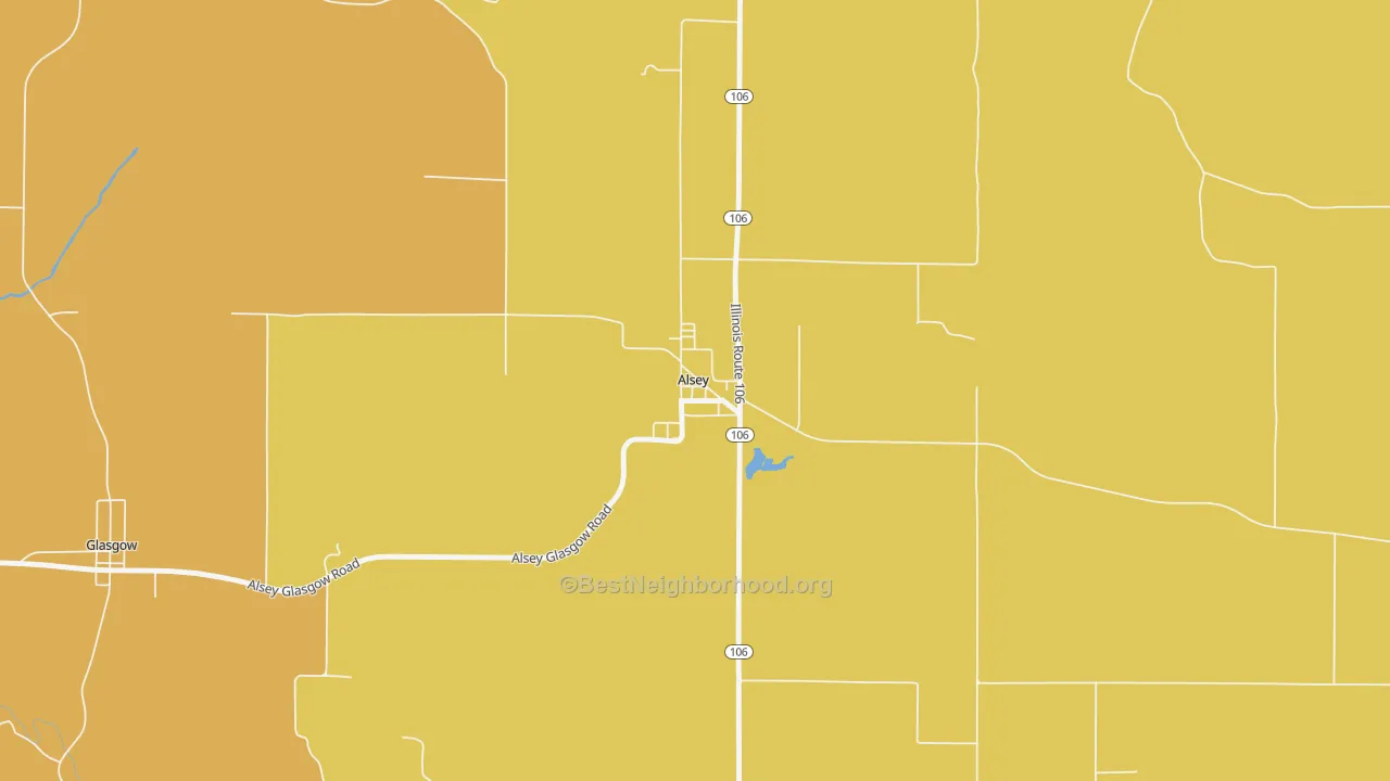 Map of the best neighborhoods in the 62610 area, with better matches in green and worse matches in red