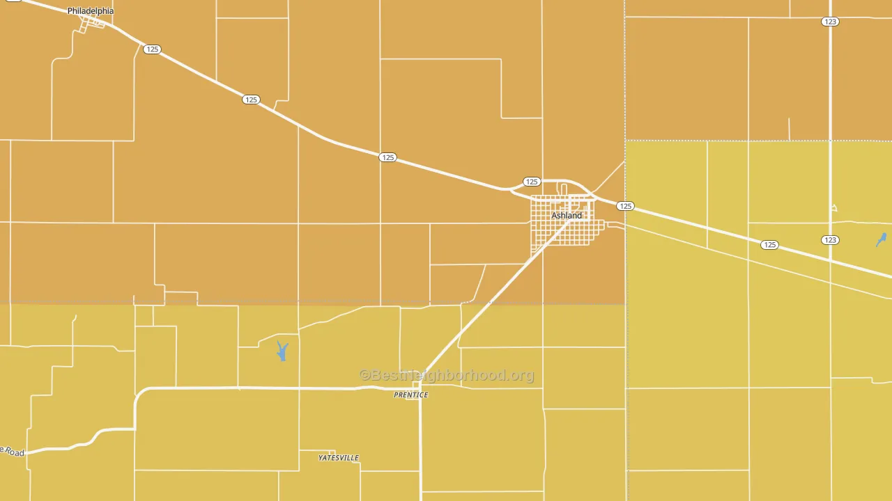 Map of the best neighborhoods in the 62612 area, with better matches in green and worse matches in red