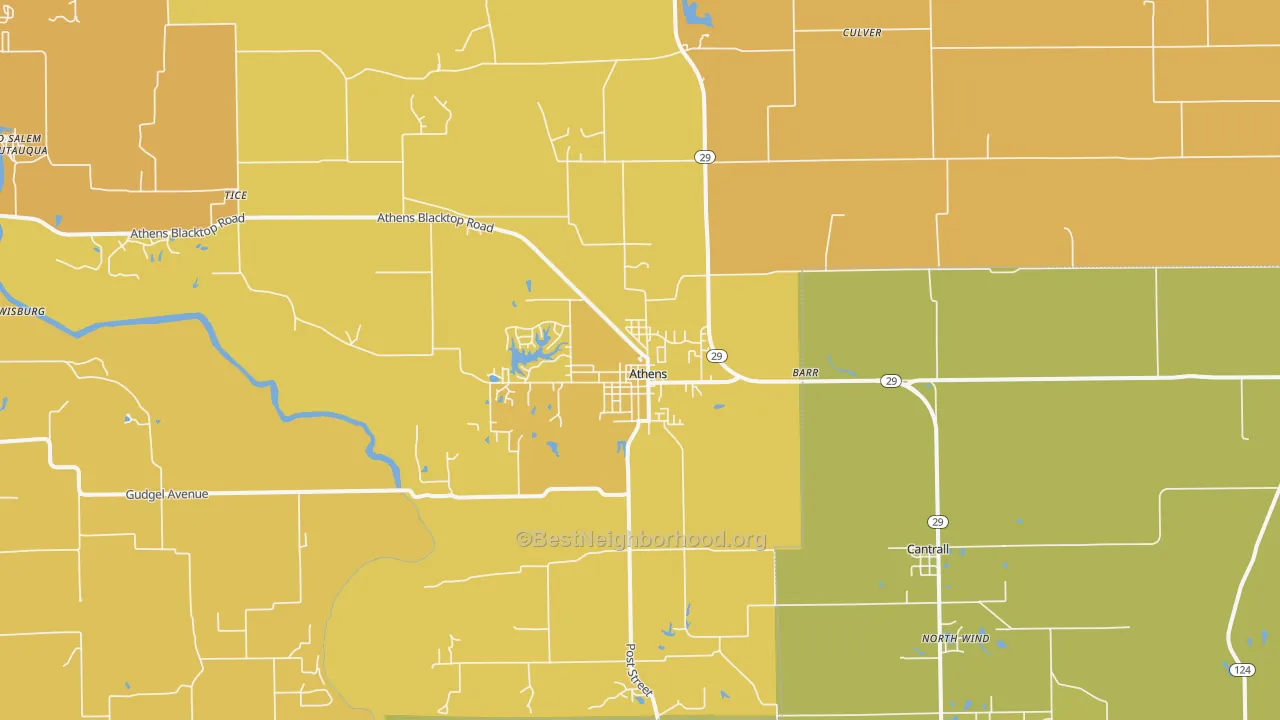 Map of the best neighborhoods in the 62613 area, with better matches in green and worse matches in red
