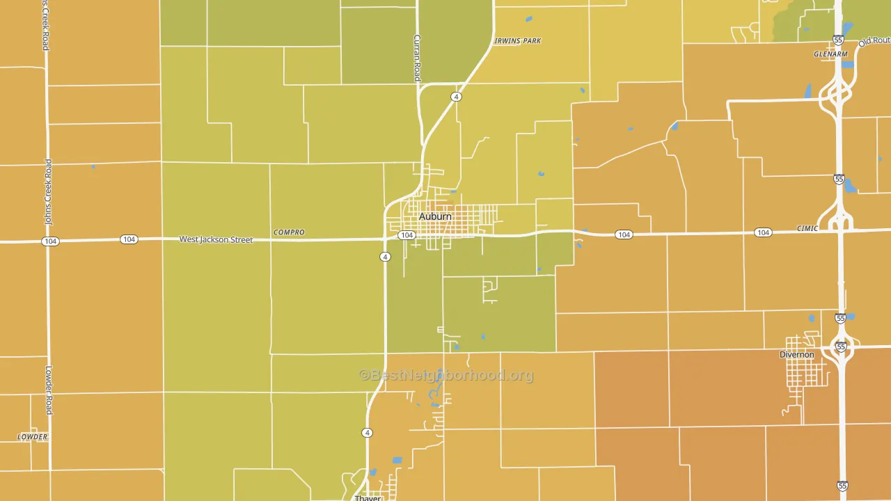 Map of the best neighborhoods in the 62615 area, with better matches in green and worse matches in red