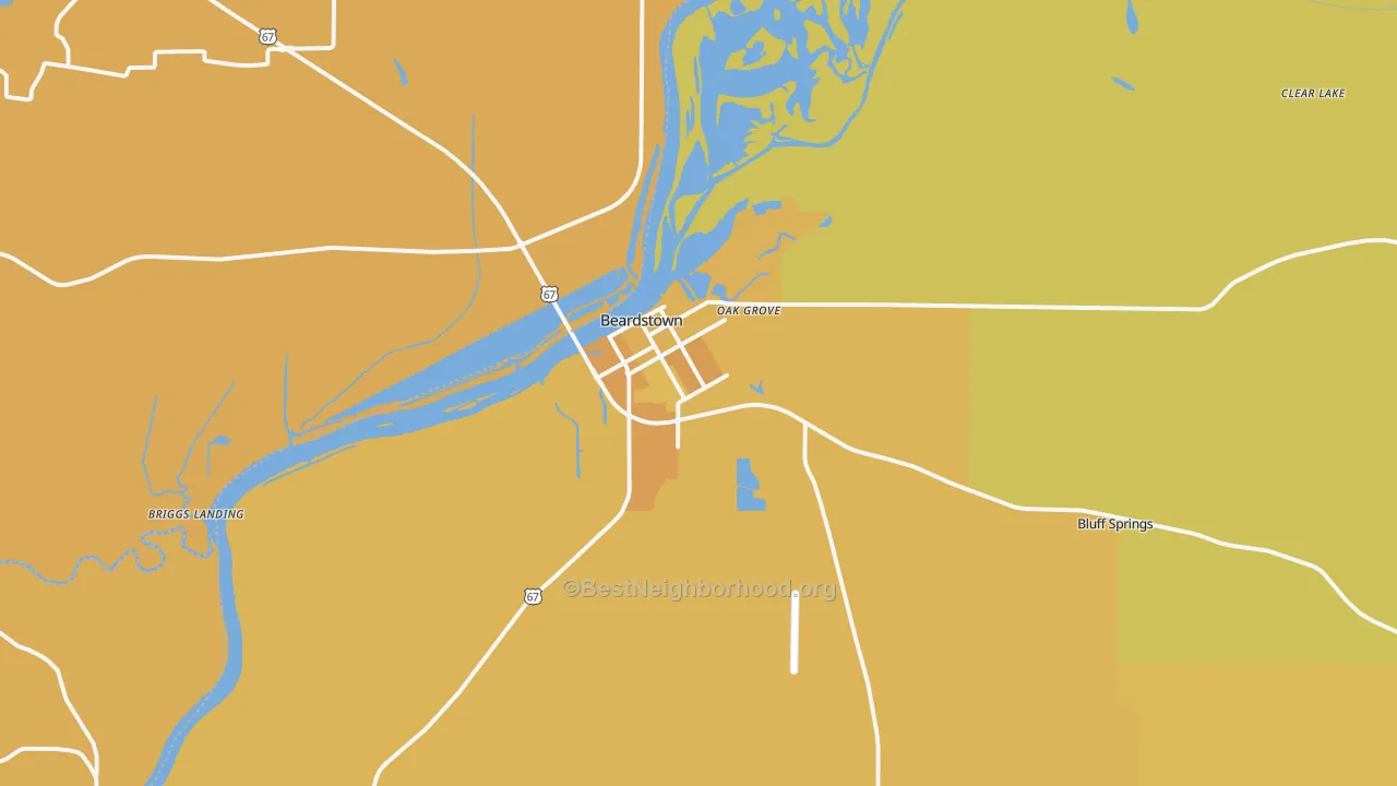 Map of the best neighborhoods in the 62618 area, with better matches in green and worse matches in red
