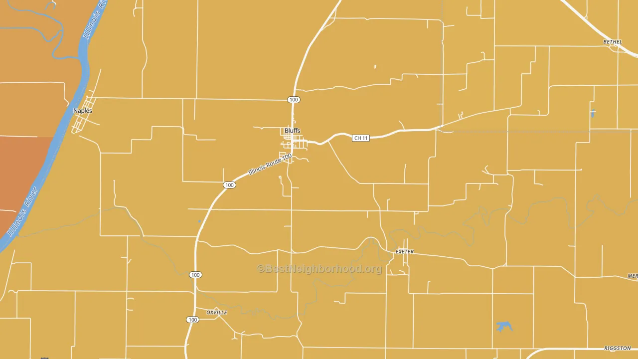 Map of the best neighborhoods in the 62621 area, with better matches in green and worse matches in red