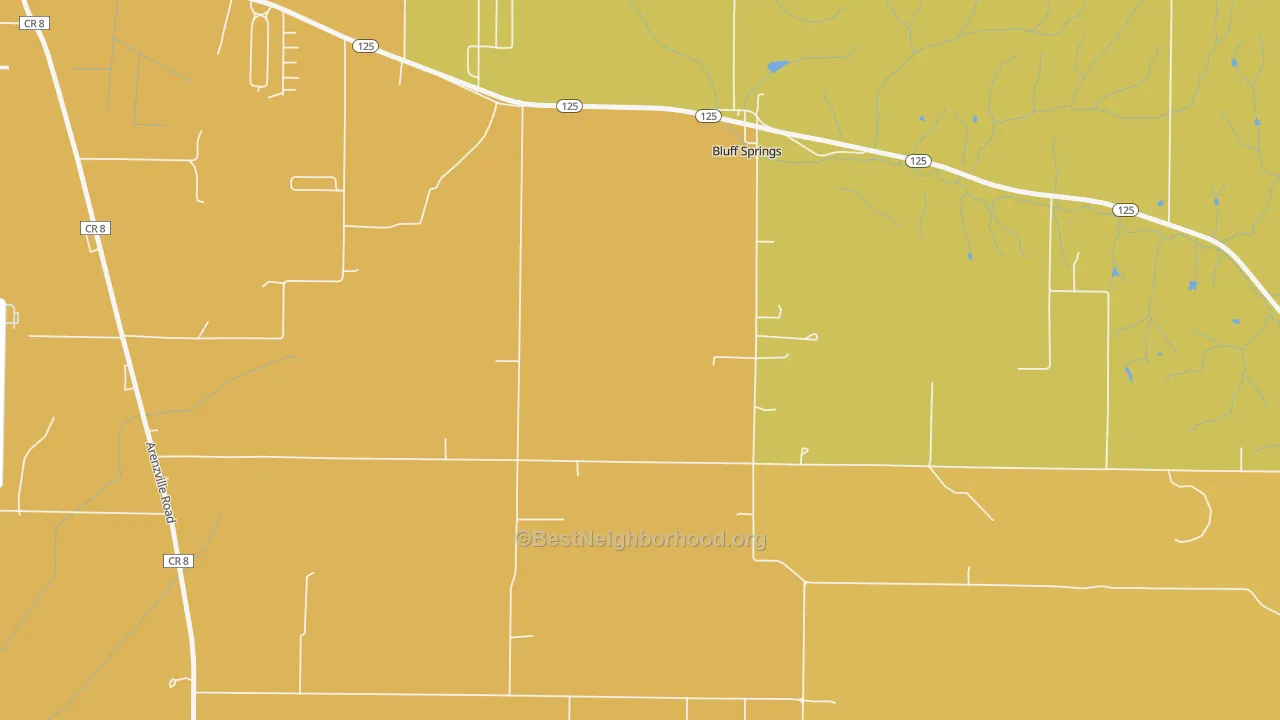 Map of the best neighborhoods in the 62622 area, with better matches in green and worse matches in red
