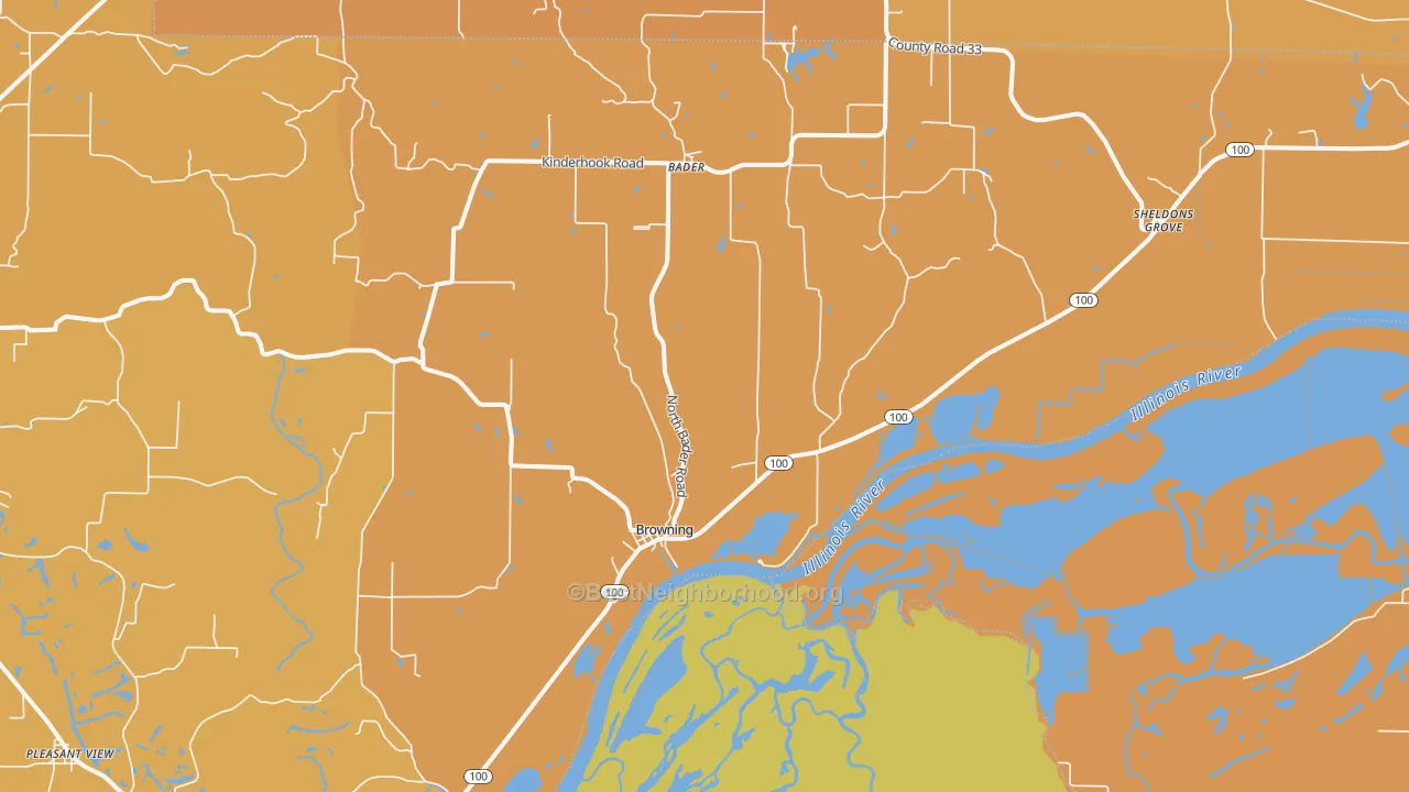 Map of the best neighborhoods in the 62624 area, with better matches in green and worse matches in red