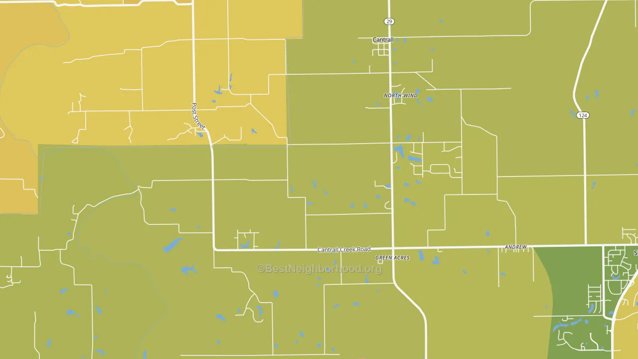 Map of the best neighborhoods in the 62625 area, with better matches in green and worse matches in red