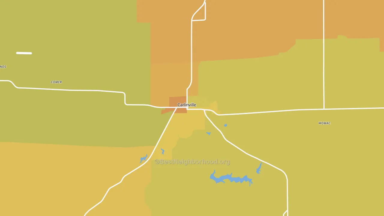 Map of the best neighborhoods in the 62626 area, with better matches in green and worse matches in red