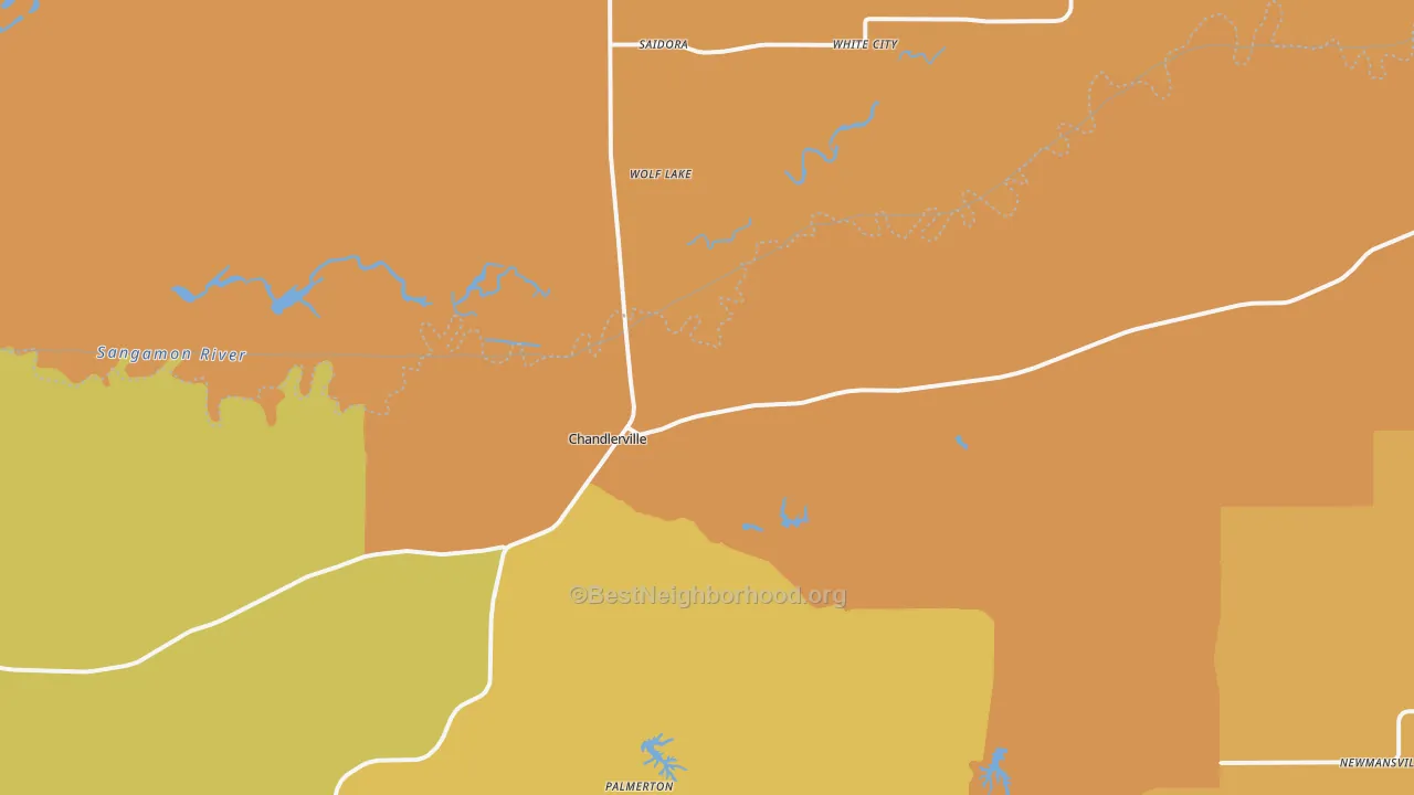 Map of the best neighborhoods in the 62627 area, with better matches in green and worse matches in red