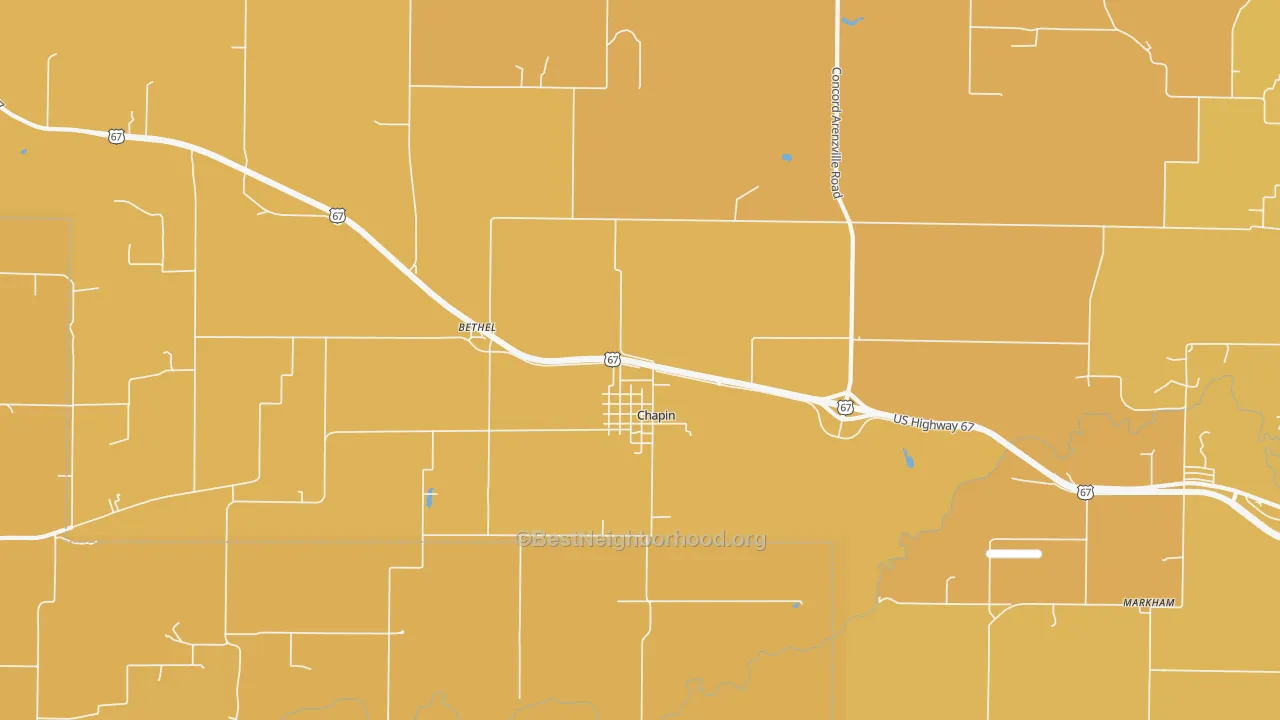 Map of the best neighborhoods in the 62628 area, with better matches in green and worse matches in red