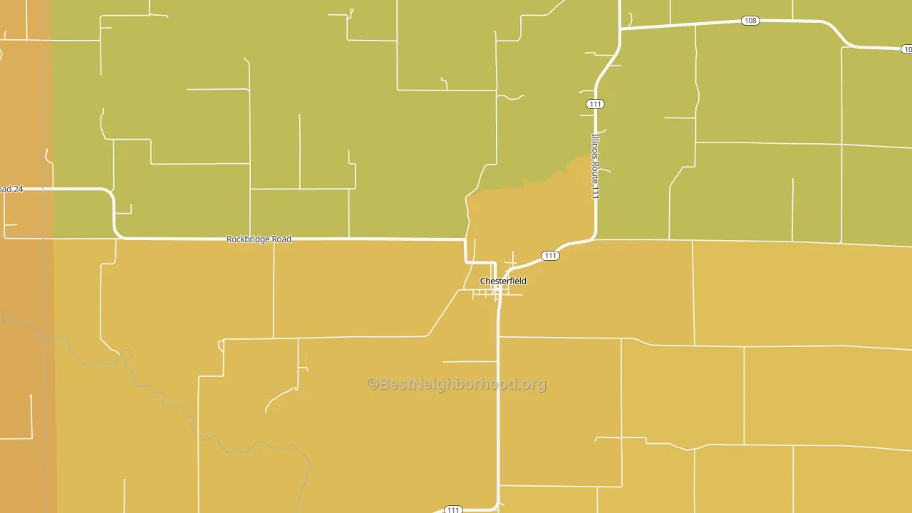 Map of the best neighborhoods in the 62630 area, with better matches in green and worse matches in red