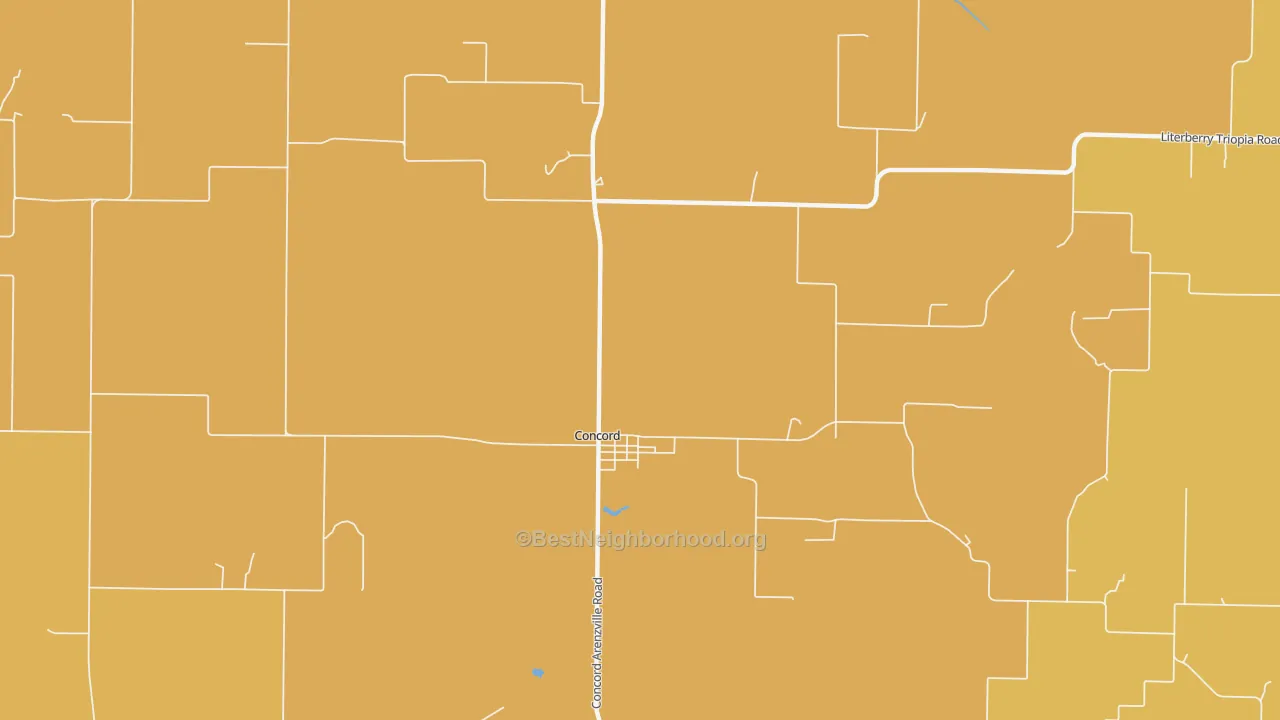 Map of the best neighborhoods in the 62631 area, with better matches in green and worse matches in red