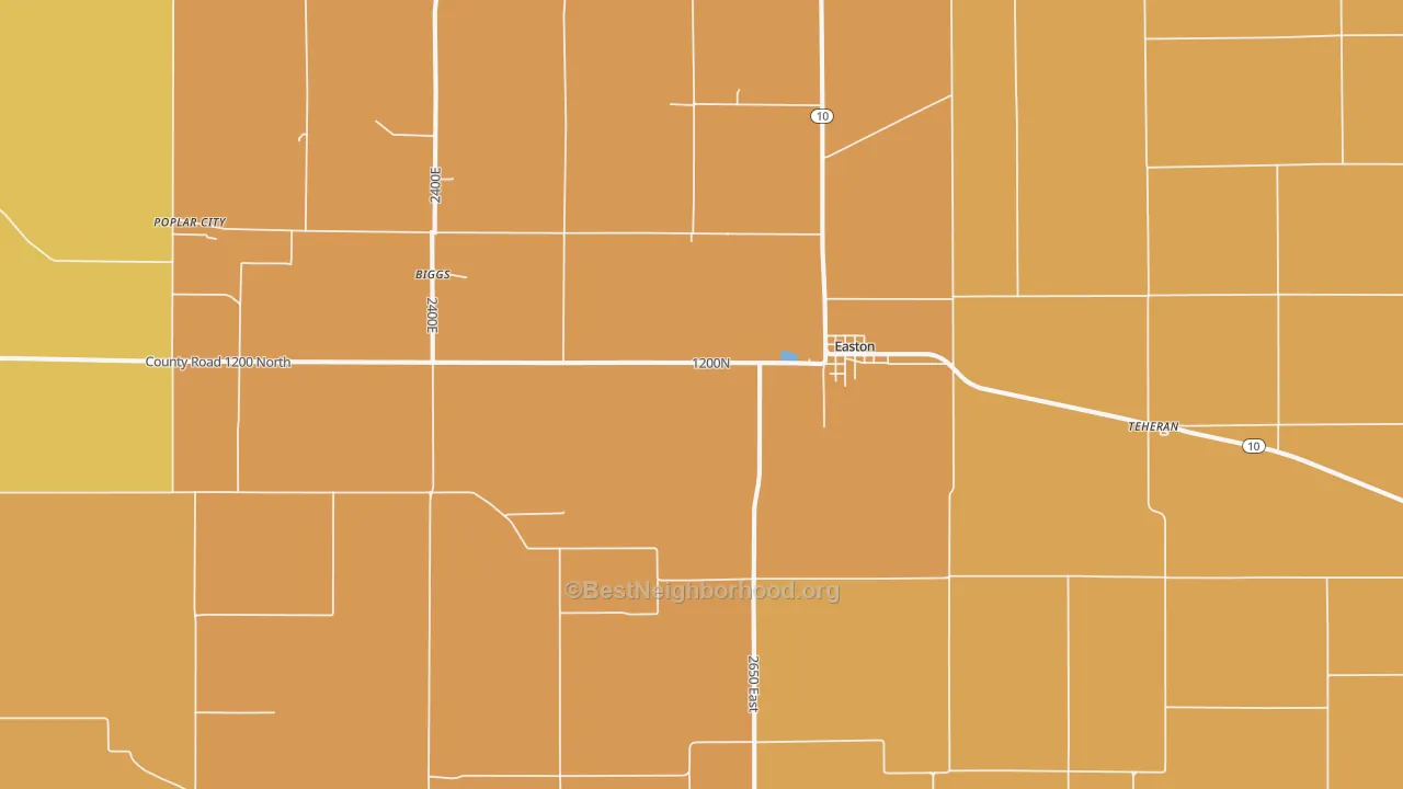 Map of the best neighborhoods in the 62633 area, with better matches in green and worse matches in red