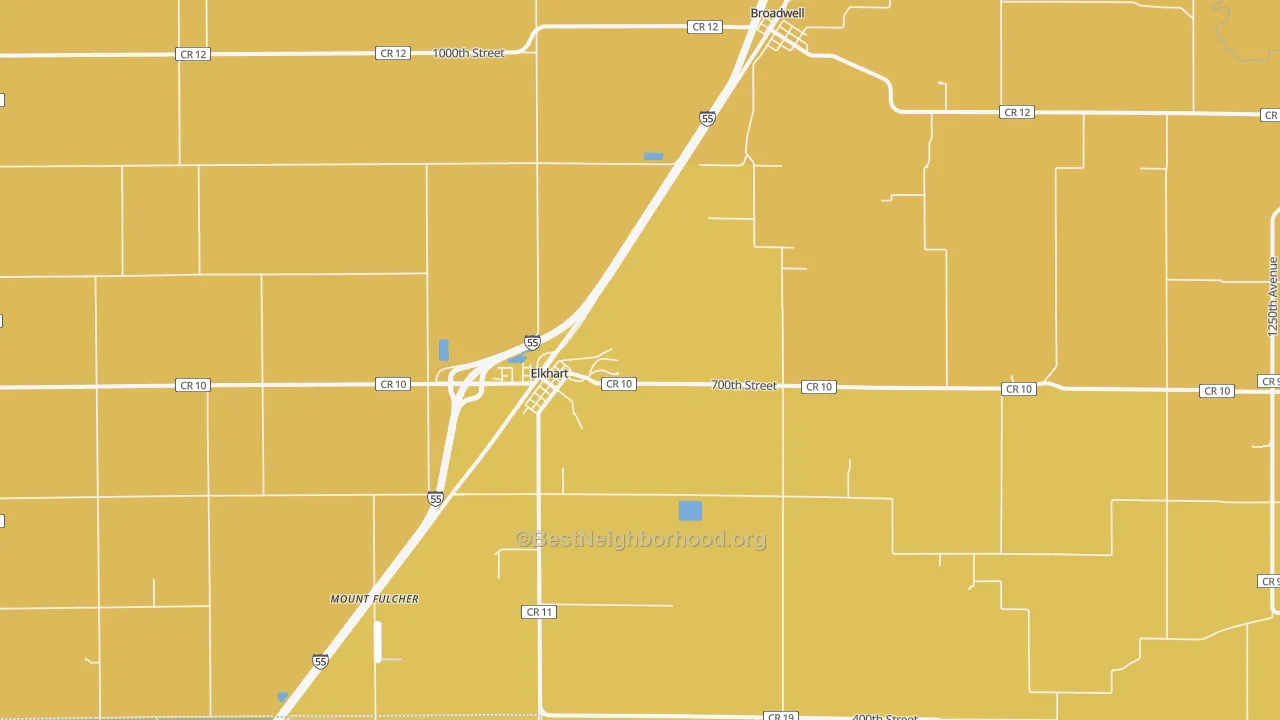 Map of the best neighborhoods in the 62634 area, with better matches in green and worse matches in red