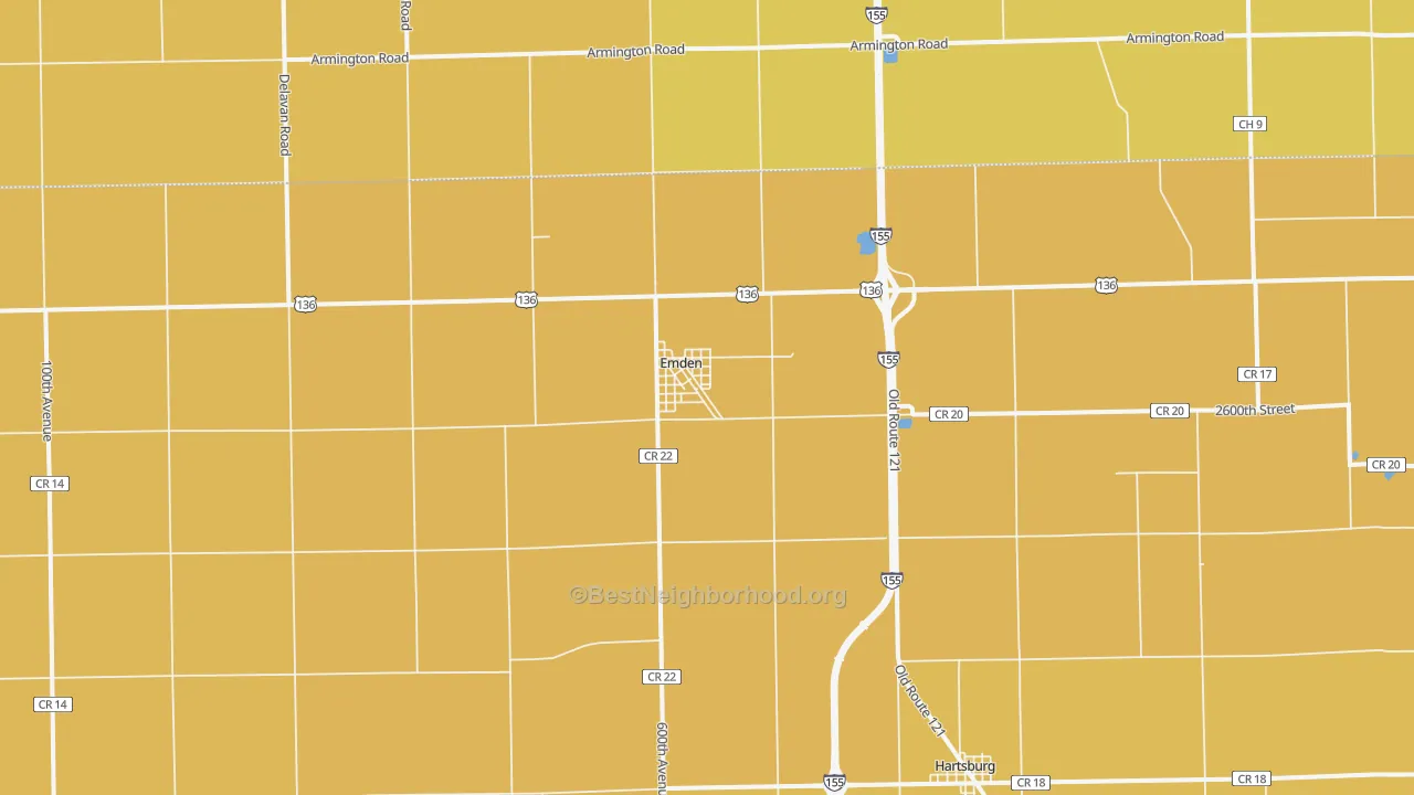 Map of the best neighborhoods in the 62635 area, with better matches in green and worse matches in red