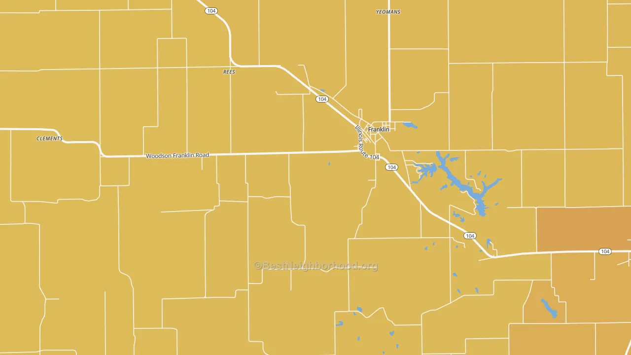 Map of the best neighborhoods in the 62638 area, with better matches in green and worse matches in red