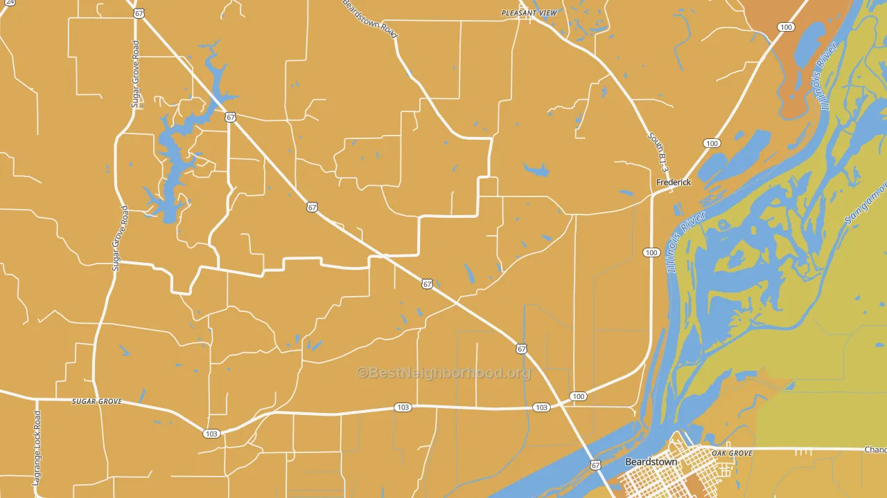 Map of the best neighborhoods in the 62639 area, with better matches in green and worse matches in red