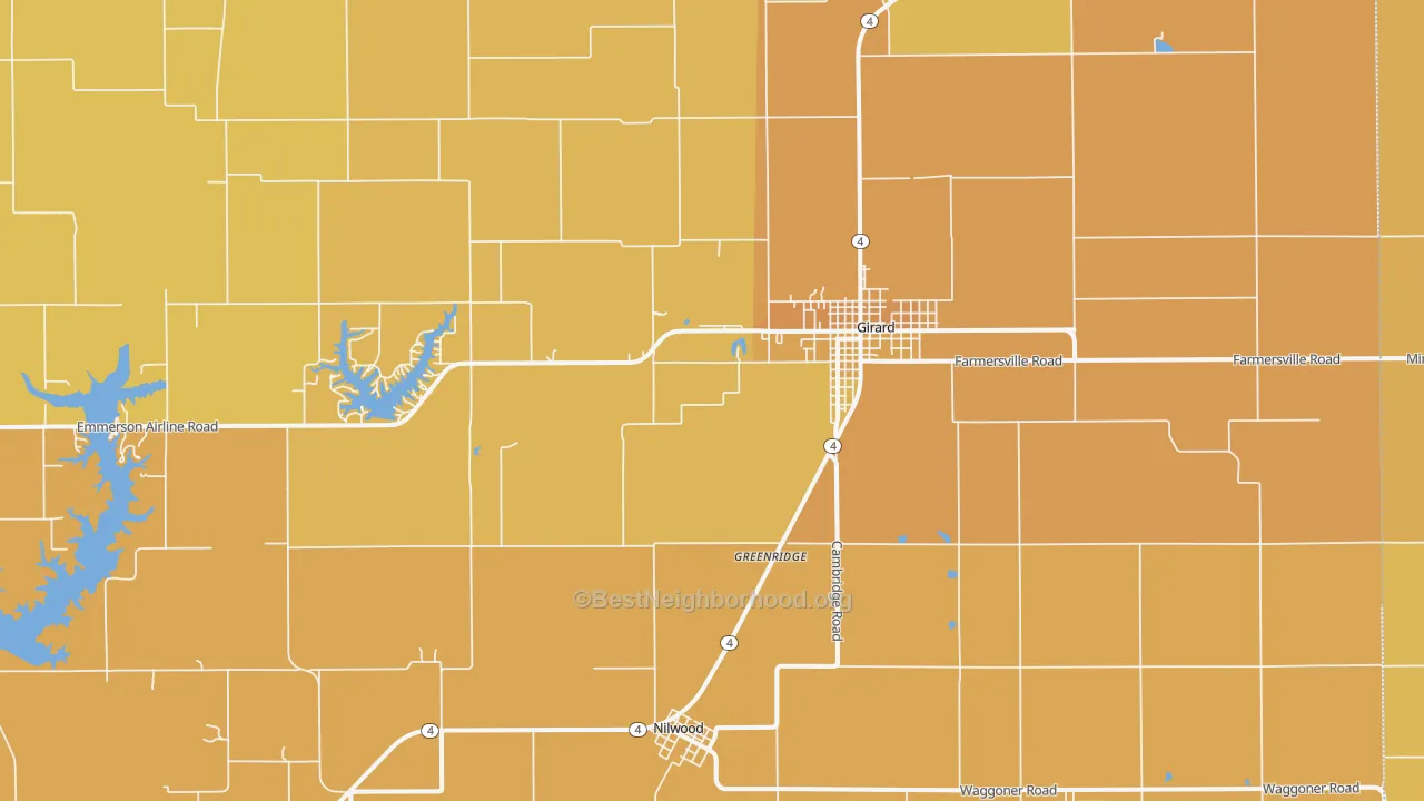 Map of the best neighborhoods in the 62640 area, with better matches in green and worse matches in red