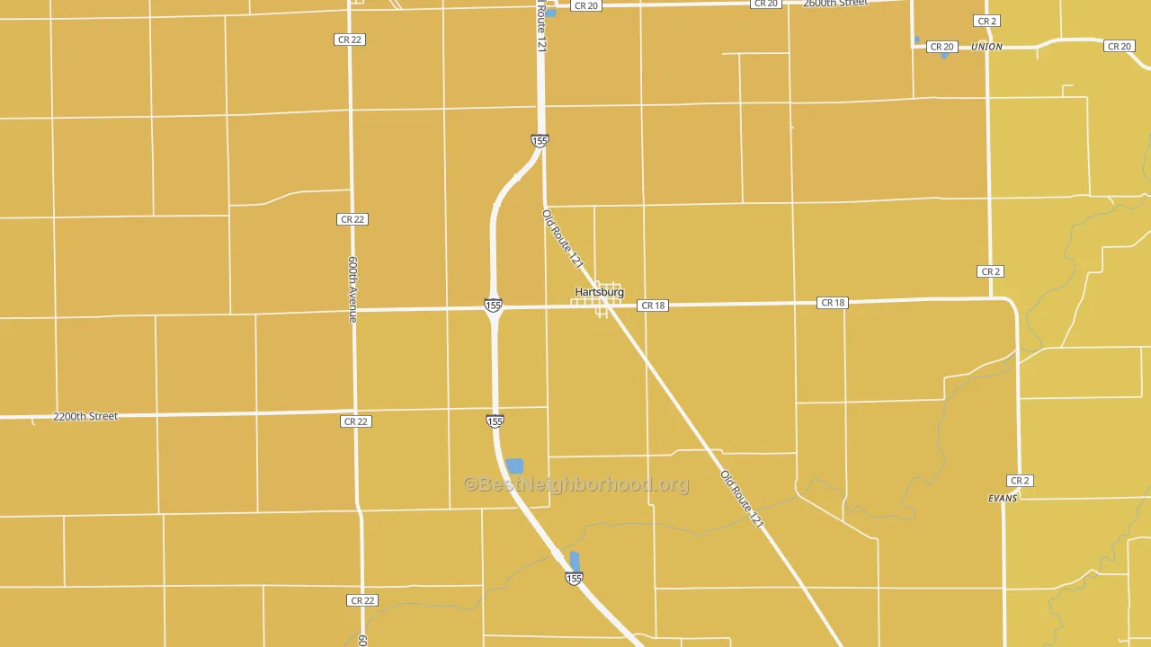 Map of the best neighborhoods in the 62643 area, with better matches in green and worse matches in red