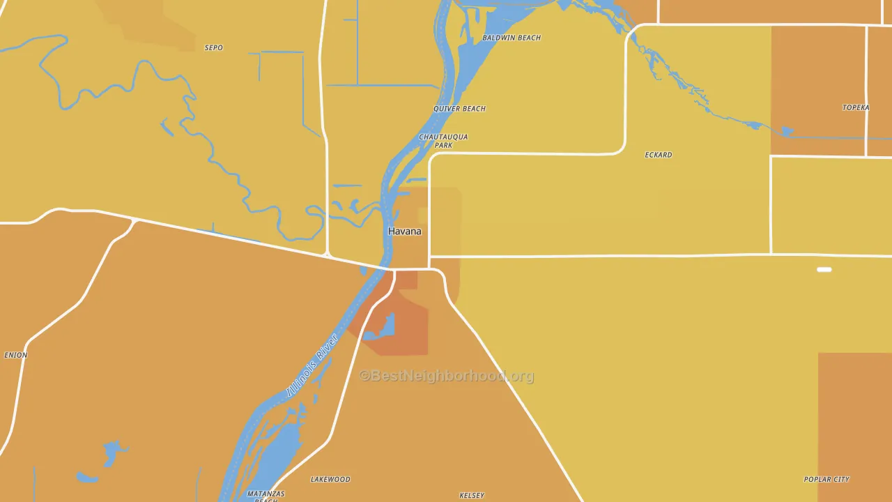 Map of the best neighborhoods in the 62644 area, with better matches in green and worse matches in red