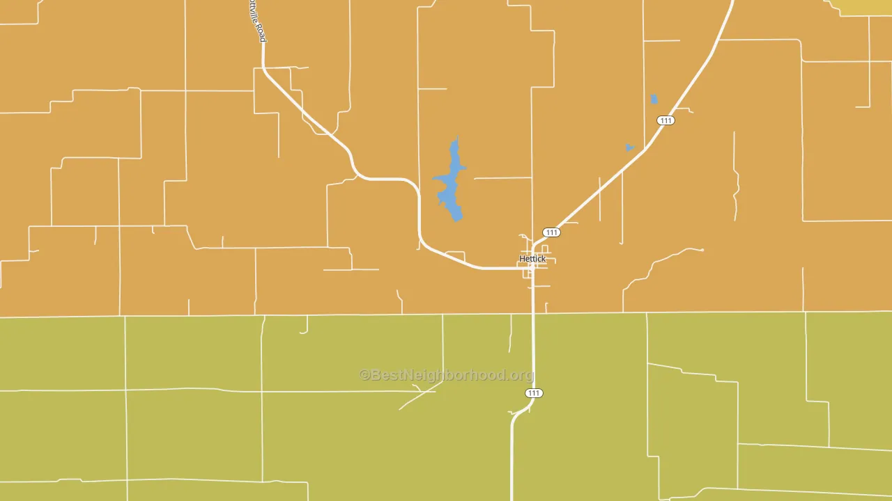 Map of the best neighborhoods in the 62649 area, with better matches in green and worse matches in red