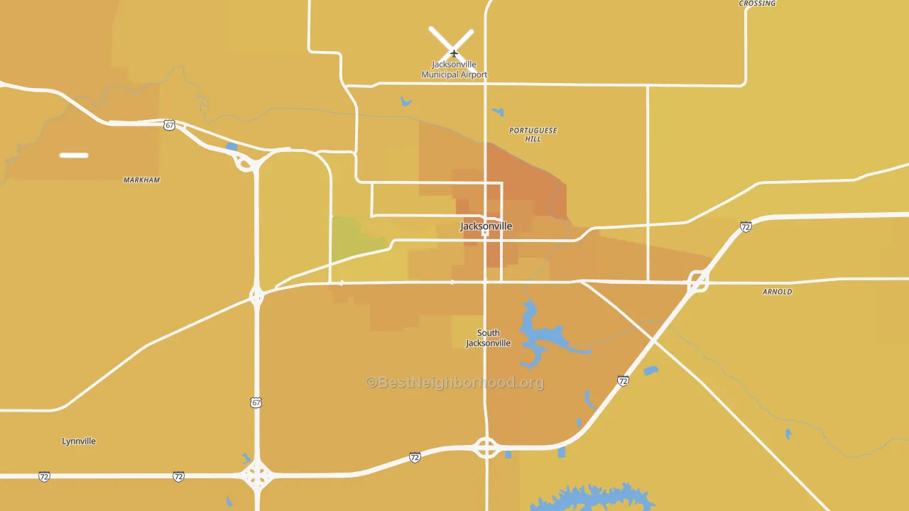 Map of the best neighborhoods in the 62650 area, with better matches in green and worse matches in red