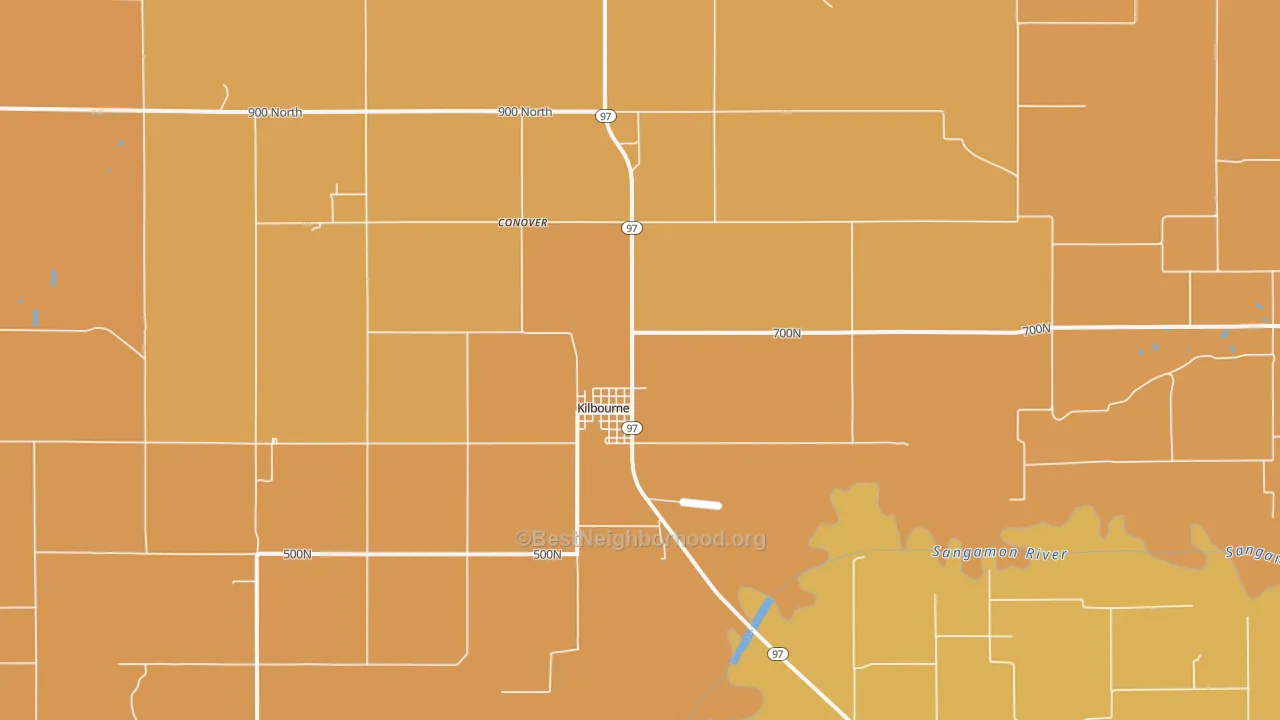 Map of the best neighborhoods in the 62655 area, with better matches in green and worse matches in red