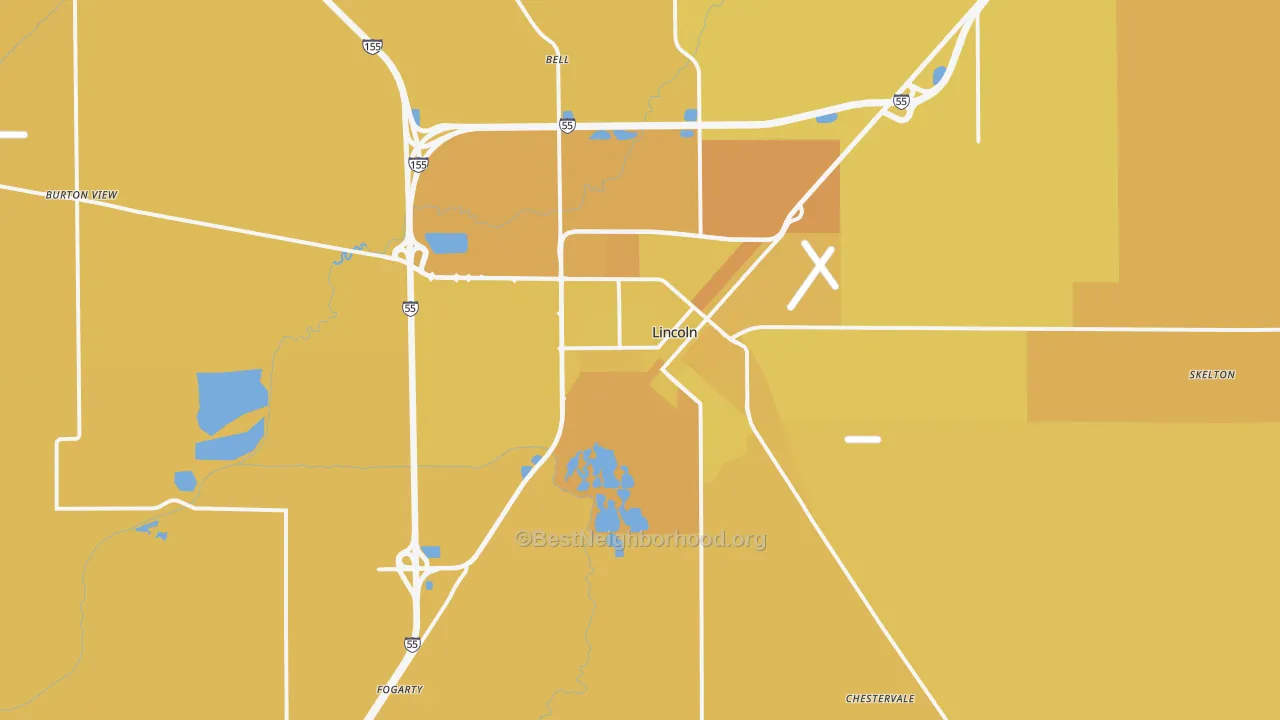Map of the best neighborhoods in the 62656 area, with better matches in green and worse matches in red