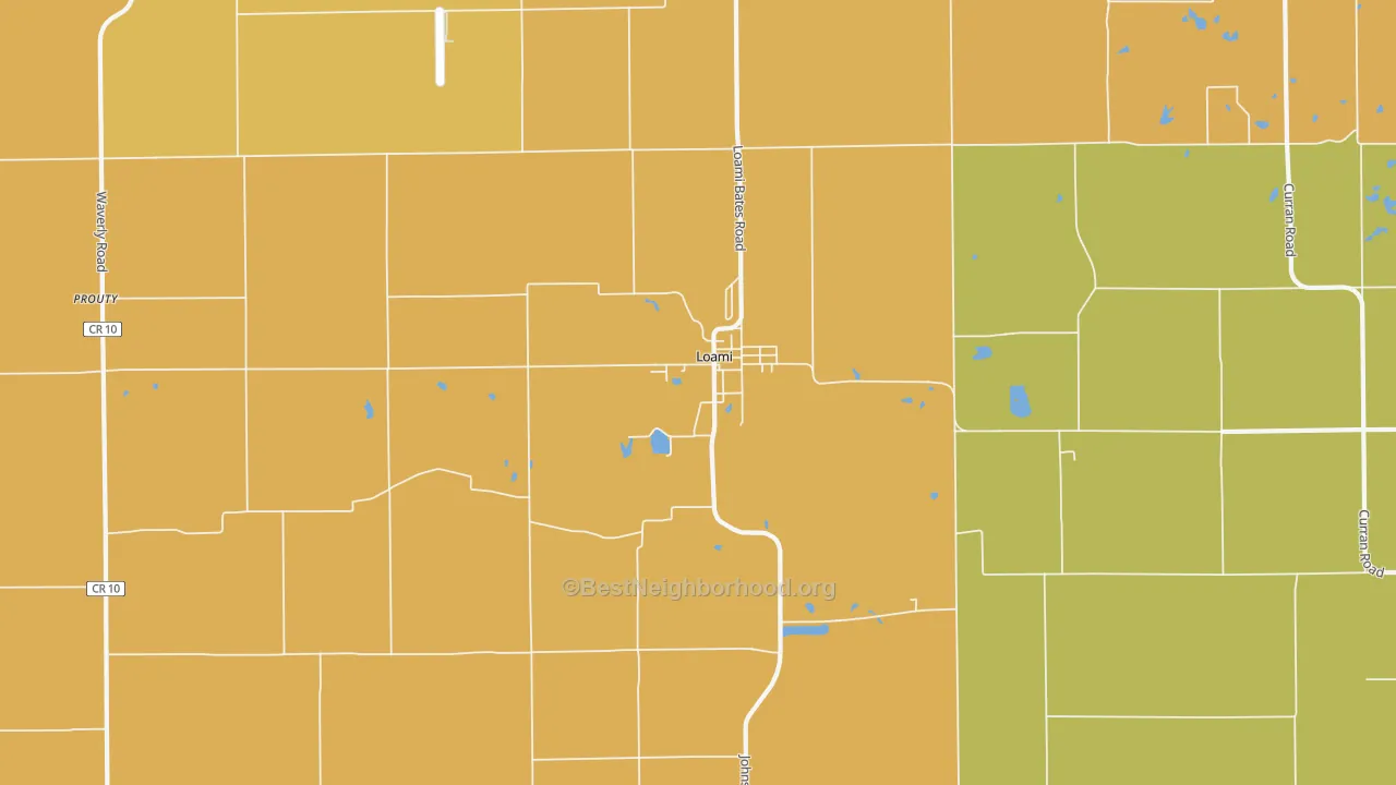 Map of the best neighborhoods in the 62661 area, with better matches in green and worse matches in red
