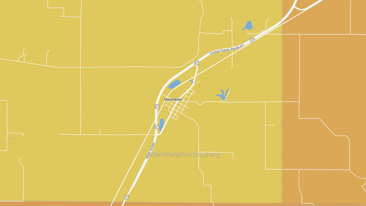 Map of the best neighborhoods in the 62663 area, with better matches in green and worse matches in red