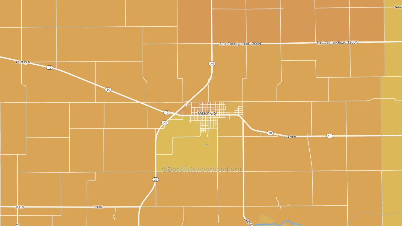 Map of the best neighborhoods in the 62664 area, with better matches in green and worse matches in red