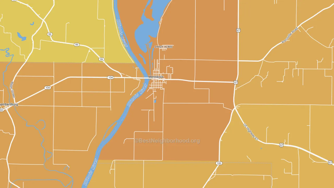 Map of the best neighborhoods in the 62665 area, with better matches in green and worse matches in red