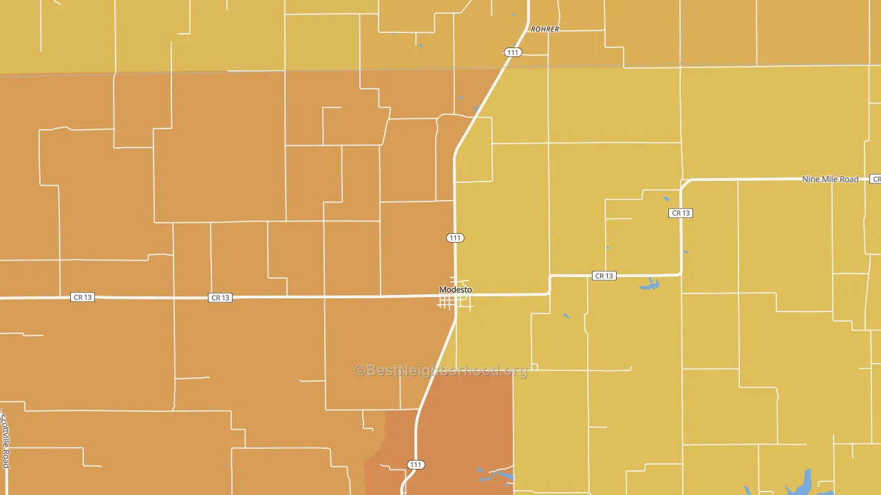 Map of the best neighborhoods in the 62667 area, with better matches in green and worse matches in red