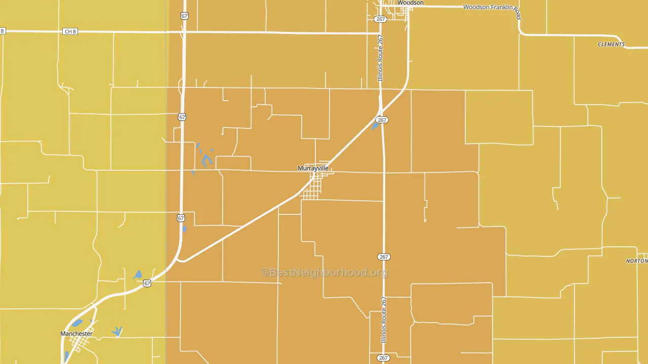 Map of the best neighborhoods in the 62668 area, with better matches in green and worse matches in red