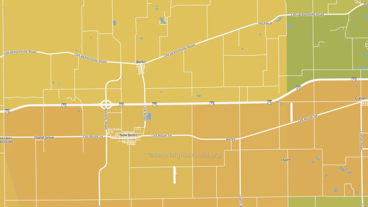 Map of the best neighborhoods in the 62670 area, with better matches in green and worse matches in red