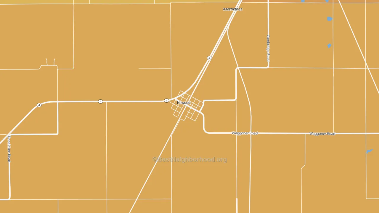 Map of the best neighborhoods in the 62672 area, with better matches in green and worse matches in red