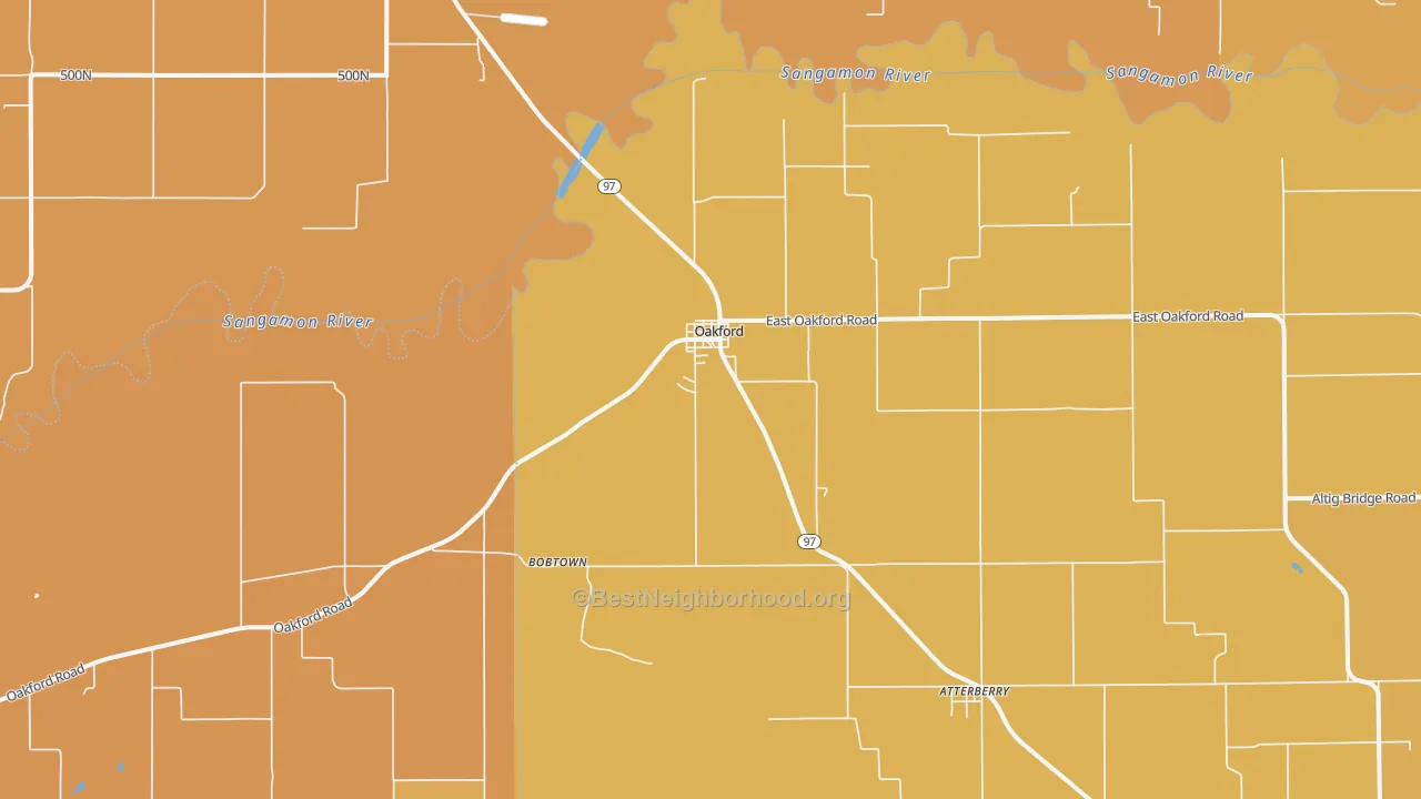 Map of the best neighborhoods in the 62673 area, with better matches in green and worse matches in red