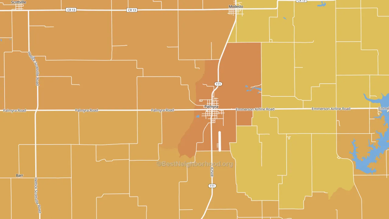 Map of the best neighborhoods in the 62674 area, with better matches in green and worse matches in red