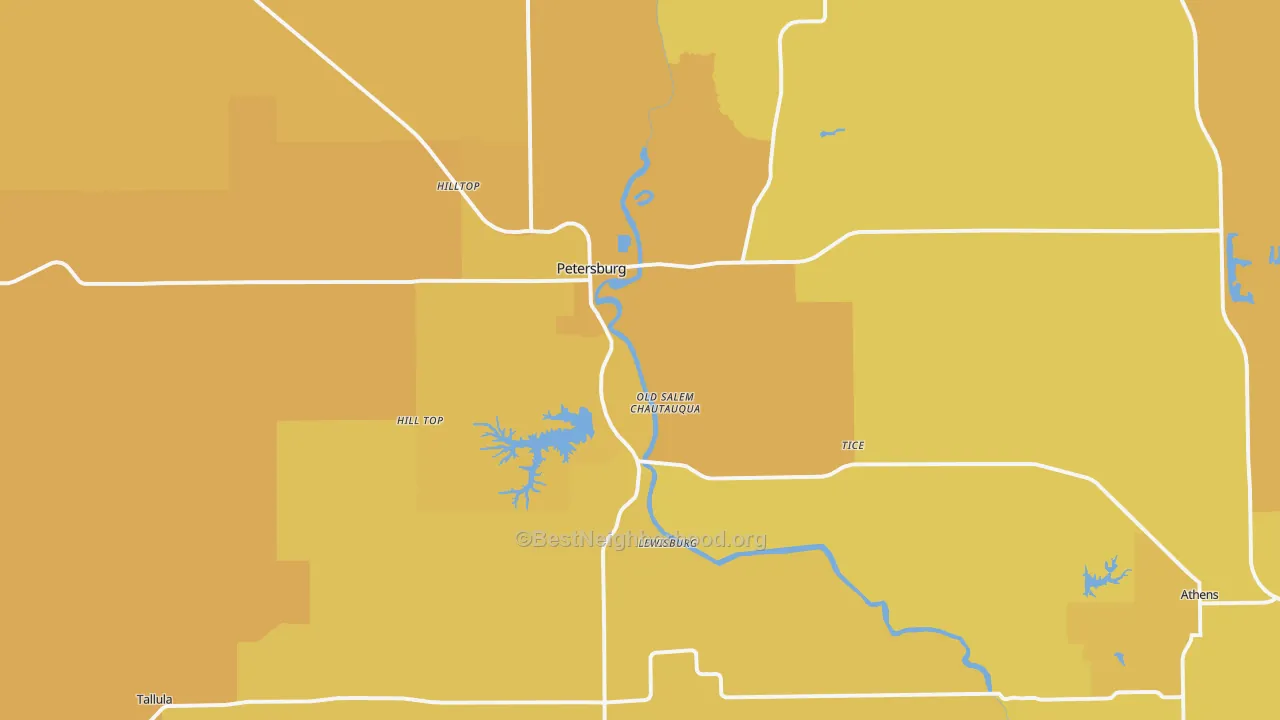 Map of the best neighborhoods in the 62675 area, with better matches in green and worse matches in red
