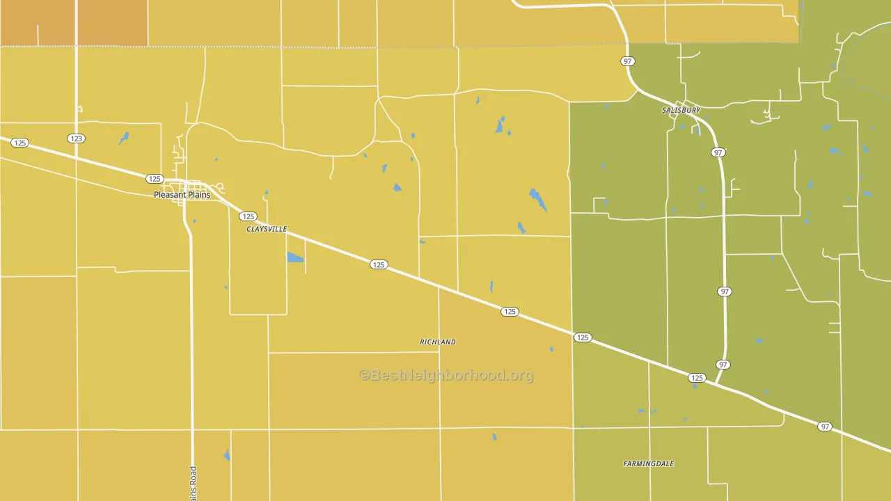 Map of the best neighborhoods in the 62677 area, with better matches in green and worse matches in red