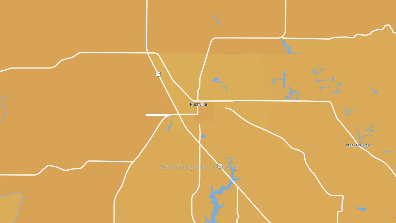 Map of the best neighborhoods in the 62681 area, with better matches in green and worse matches in red