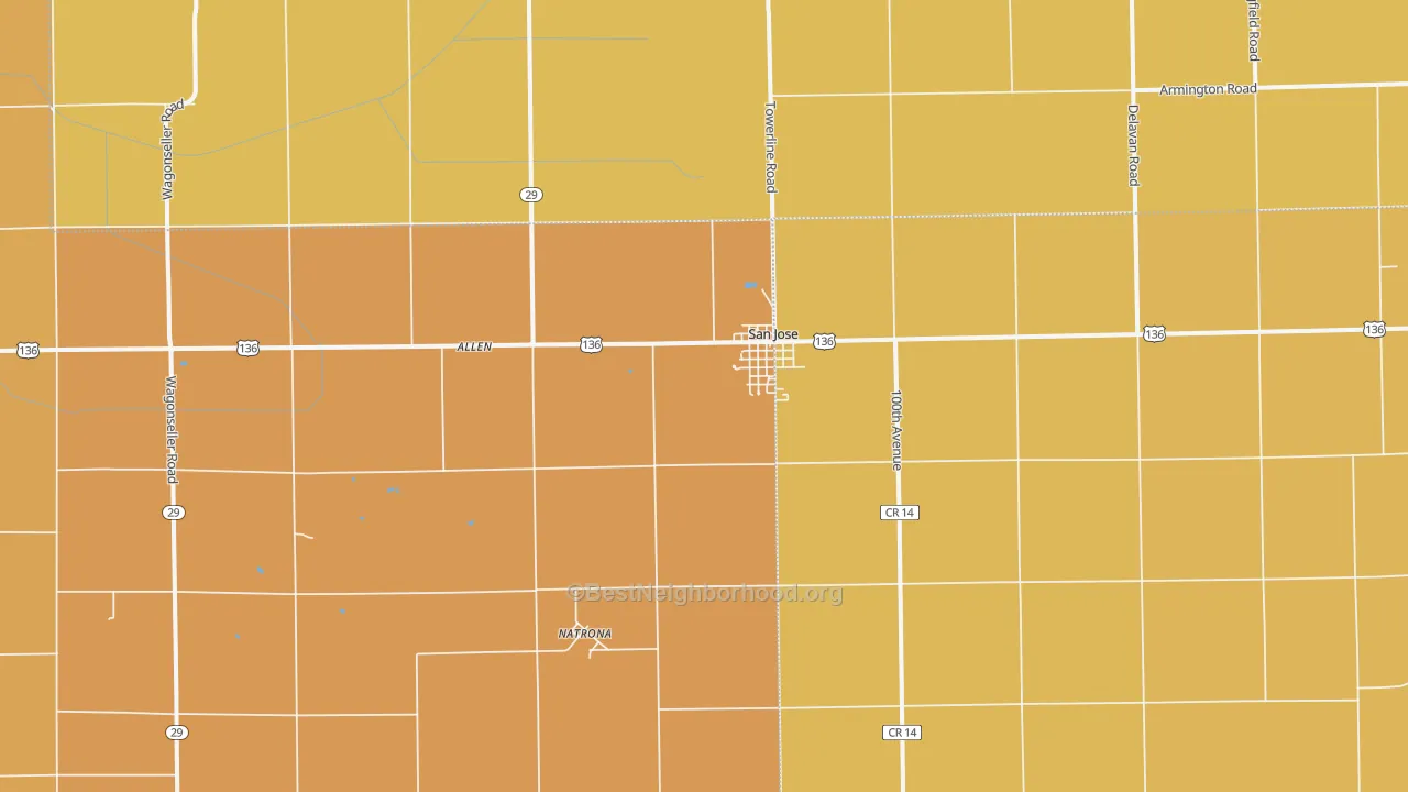 Map of the best neighborhoods in the 62682 area, with better matches in green and worse matches in red