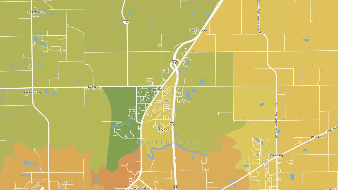 Map of the best neighborhoods in the 62684 area, with better matches in green and worse matches in red