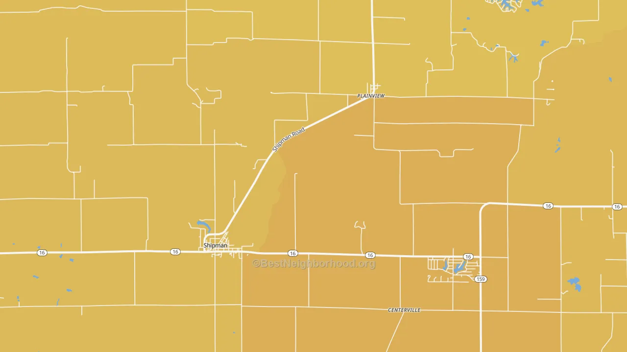 Map of the best neighborhoods in the 62685 area, with better matches in green and worse matches in red